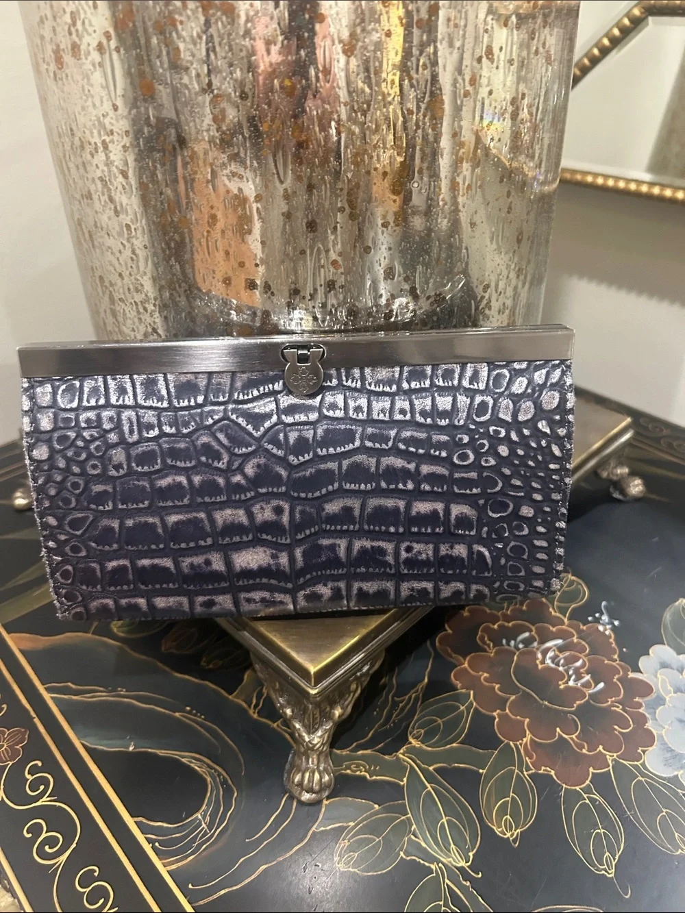 Patricia Nash Croc-Embossed black Clutch with Silver Frame